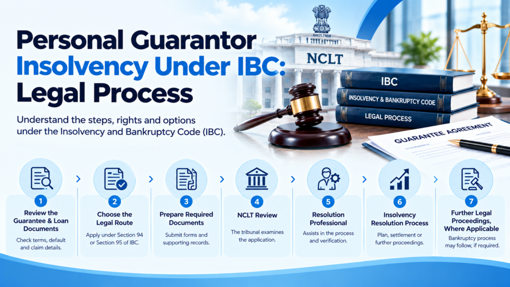 Personal Guarantor Insolvency Under IBC legal process showing NCLT proceedings, guarantee documents, and insolvency resolution steps in India.